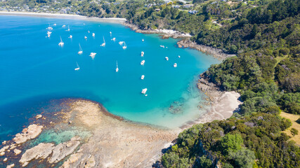  Aerial View from Ocean, Beach, Green Trees and Mountains in Waiheke Island, New Zealand - Auckland...