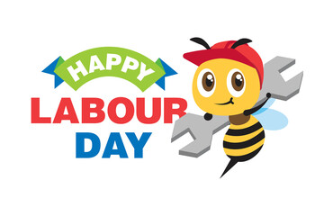 Happy Labour Day celebration with cartoon cute worker bee carry spanner. Bee character illustration