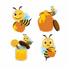 Flat design bee mascot set. Cartoon cute bee with honey pot set. Cute bee carries honey pot and organic honey bottle. Flat art character mascot set illustration