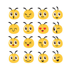 Fototapeta premium Flat deisgn cartoon cute bee head emoji set for farm or healthy natural food avatar. Bee profile emoji set illustration