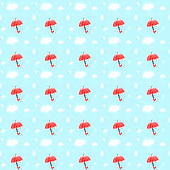 Red umbrella, clouds and rain in the blue sky. vector seamless pattern. Creative with cartoon style  hand drawn, flat design vector illustration