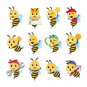 Collection of flat design cartoon cute bee character set in different poses. Bee holds different items and different action. Bee mascot set illustration