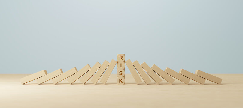 Risk management concept. Wooden block stopping domino effect for business. 3d render illustration