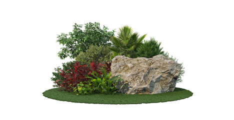 Garden with shrubs and stones on a transparent background.