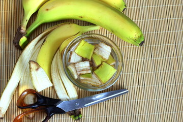 banana peels cut in bowl for natural organic compost fertilizer for plant