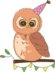 Owl Wearing Party Hat on Branches