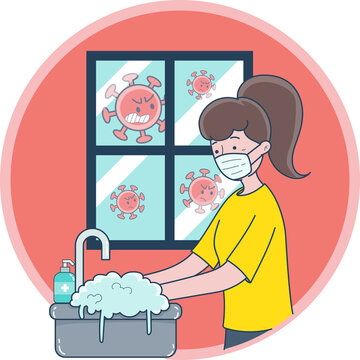 Woman Wearing A Mask And Washing Her Hands To Prevent Germs