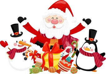 Santa Claus Character, Penguin, Snowman, Gift Boxes and Candies Illustration
