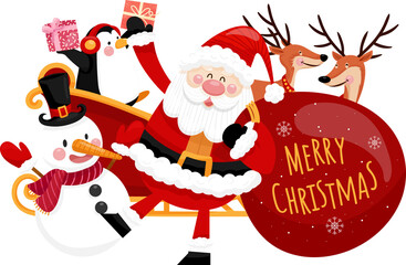 Santa Claus, Snowman, Reindeer and Penguin Sleigh with a Cart Illustration
