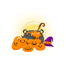 Pumpkins with Witch Hat and Witcher Cauldron for Halloween Decorative Element