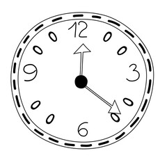cute and fashionable wall clock. Black and white illustration in doodle style.