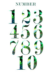 Collection of numbers , watercolor emerald background with gold splashes ,,exotic.Wedding stationery item.Hand painted . Suitable for printing posters, prints, design works, thank you cards, greeting 