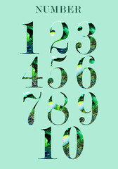 Collection of numbers , watercolor emerald background with gold splashes ,,exotic.Wedding stationery item.Hand painted . Suitable for printing posters, prints, design works, thank you cards, greeting 