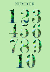 Collection of numbers , watercolor emerald background with gold splashes ,,exotic.Wedding stationery item.Hand painted . Suitable for printing posters, prints, design works, thank you cards, greeting 