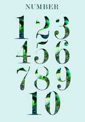 Collection of numbers , watercolor emerald background with gold splashes ,,exotic.Wedding stationery item.Hand painted . Suitable for printing posters, prints, design works, thank you cards, greeting 