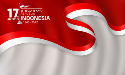 Happy Indonesian Independence Day banner template with red and white flag ribbon decoration on gray waving background. 