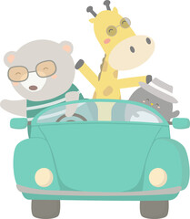 Cartoon bear, giraffe and bird ride car illustration