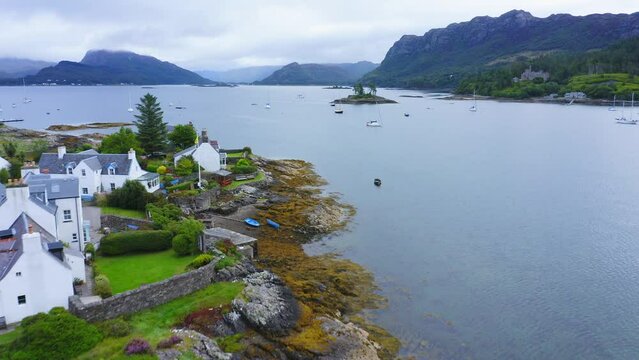 Aerial Drone View of Beautiful Scottish Highlands Landscape, Scotland, of Loch Carron, a Lake at Plockton Town on NC500 (North Coast 500) Route in UK