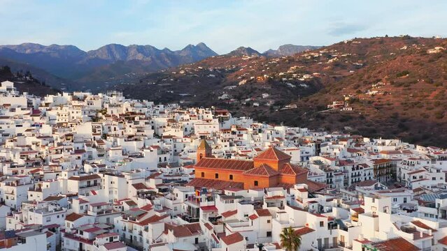 Aerial Drone View of Church in Spanish Town in Torrox, Spain, Costa Del Sol Mountains, Andalusia (Andalucia), Europe, White Buildings and Houses Popular in Property Real Estate Housing Market