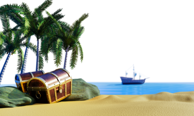Gold coins are scattered from boxes or treasure chests. wooden treasure chest put on the beach at a deserted island in the theme of Pirate treasure. 3D rendering