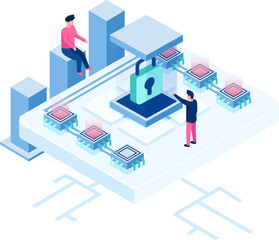 People working and use technology computer isometric