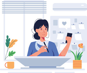 Female graphic designer working at home