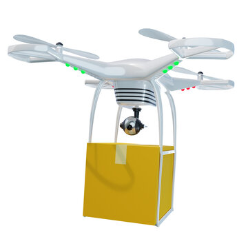 PNG A white 4-propeller drone is flying to deliver parcels. Parcel delivery technology with drones. Isolated on white background with Clipping path