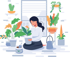 Woman planting at home illustration