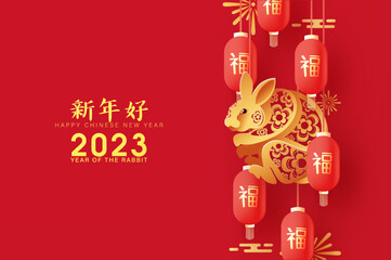 Fototapeta na wymiar Happy new year china with bunny and red lanterns
