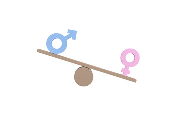 3D. Gender equality concept. Gender symbols unbalancing on wooden seesaw.