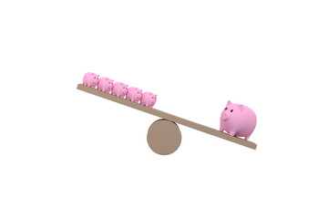 3D. piggy bank on wood seesaw unbalancing. Saveing concept