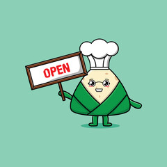 Cute cartoon chinese rice dumpling character holding open sign board designs in concept flat cartoon 