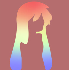 Rainbow silhouette of a girl in profile with long hair