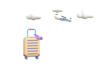 3D. model airplane with suitcase and headphone. concept travel.