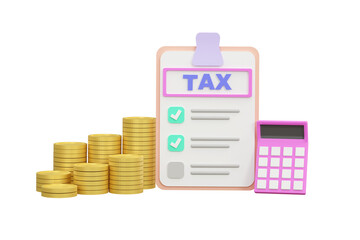 3D. isometric checklist tax on clipboard paper and coins.