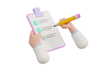 3D. Cartoon hand Medical Clipboard.Medical report and pencil.