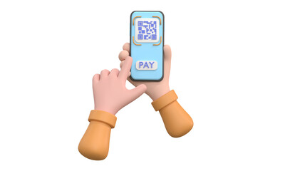 3D. QR code scanning icon in smartphone. hand holding Mobile phone, barcode scanner for pay.