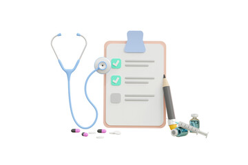 3D. Stethoscope and notes on blue background, health check concept.