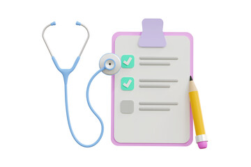 3D. Stethoscope and notes on blue background, health check concept.