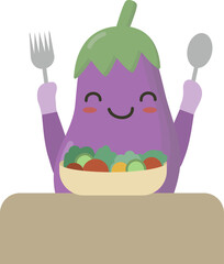 Eggplant character eating healthy food