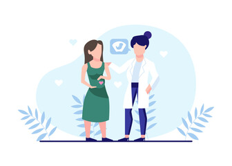 Pregnant Woman, Pregnancy, and Motherhood Flat Illustration Vector Isolated. Happy pregnant woman checking her womb to the doctor and doing ultrasound in hospital with flowers background.