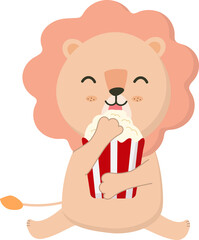 Lion character eating popcorn