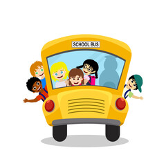 Back to school vector illustration, happy six student children on yellow school bus go to school on white background, group of multi ethnic friends funny together, diversity kid education.