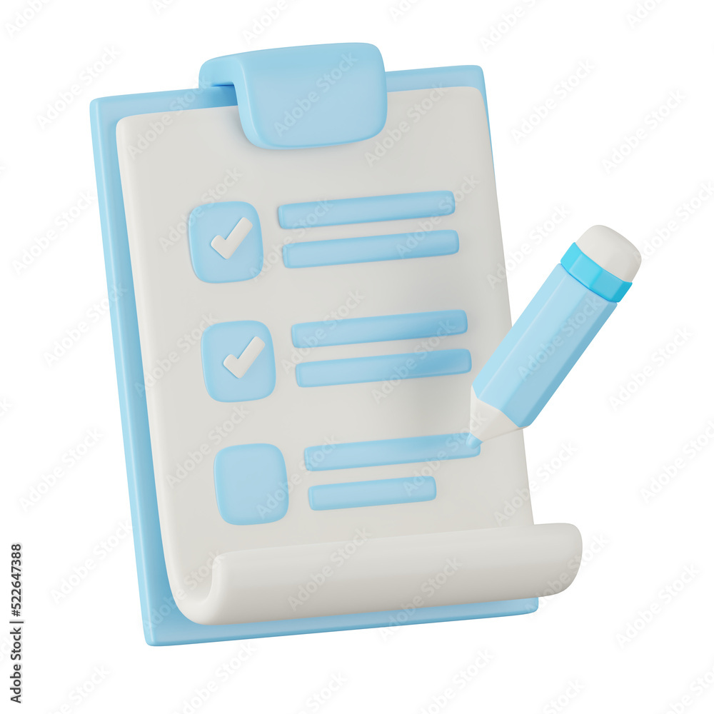 Poster 3d render of clipboard with pencil icon isolated on white background.