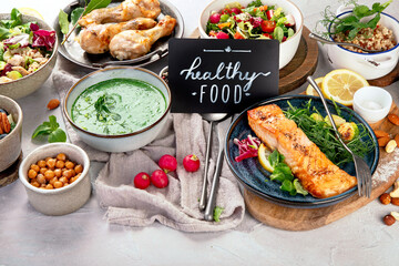 Healthy food assortment. Dieting concept. Flat lay, top view
