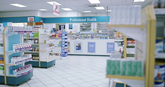 Empty pharmacy, drug store or clinic with medicine packed on shelves ready to be dispensed. Over the counter, prescription and chronic medication for the treatment of sickness, disease or illness