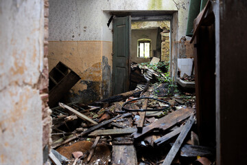 Fototapeta na wymiar Abandoned House in Total Ruins indoors