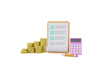 Obraz premium check list with clipboard, check mark, pile money coins isolated.