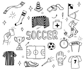 Vector hand drawn doodles cartoon set of football stuff. Soccer illustrations isolated on white © Elena