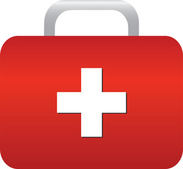 Obraz premium Red medical box icon vector illustration. First aid or medical kit icon. First aid kit on blue background. Isometric vector illustration